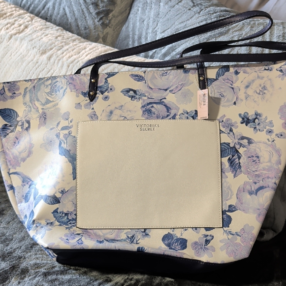 Victoria's Secret Floral Tote Bag - Cream and Blue